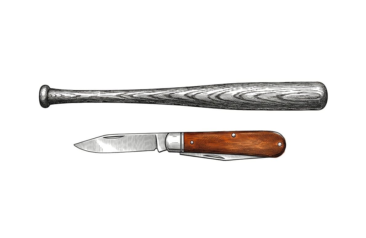 Etching of a wooden baseball bat and a folding pocket knife lying side by side on white paper