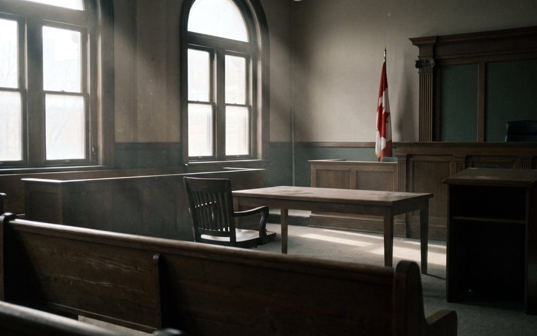 Empty courtroom seen from the gallery with the accused chair and counsel table vacant