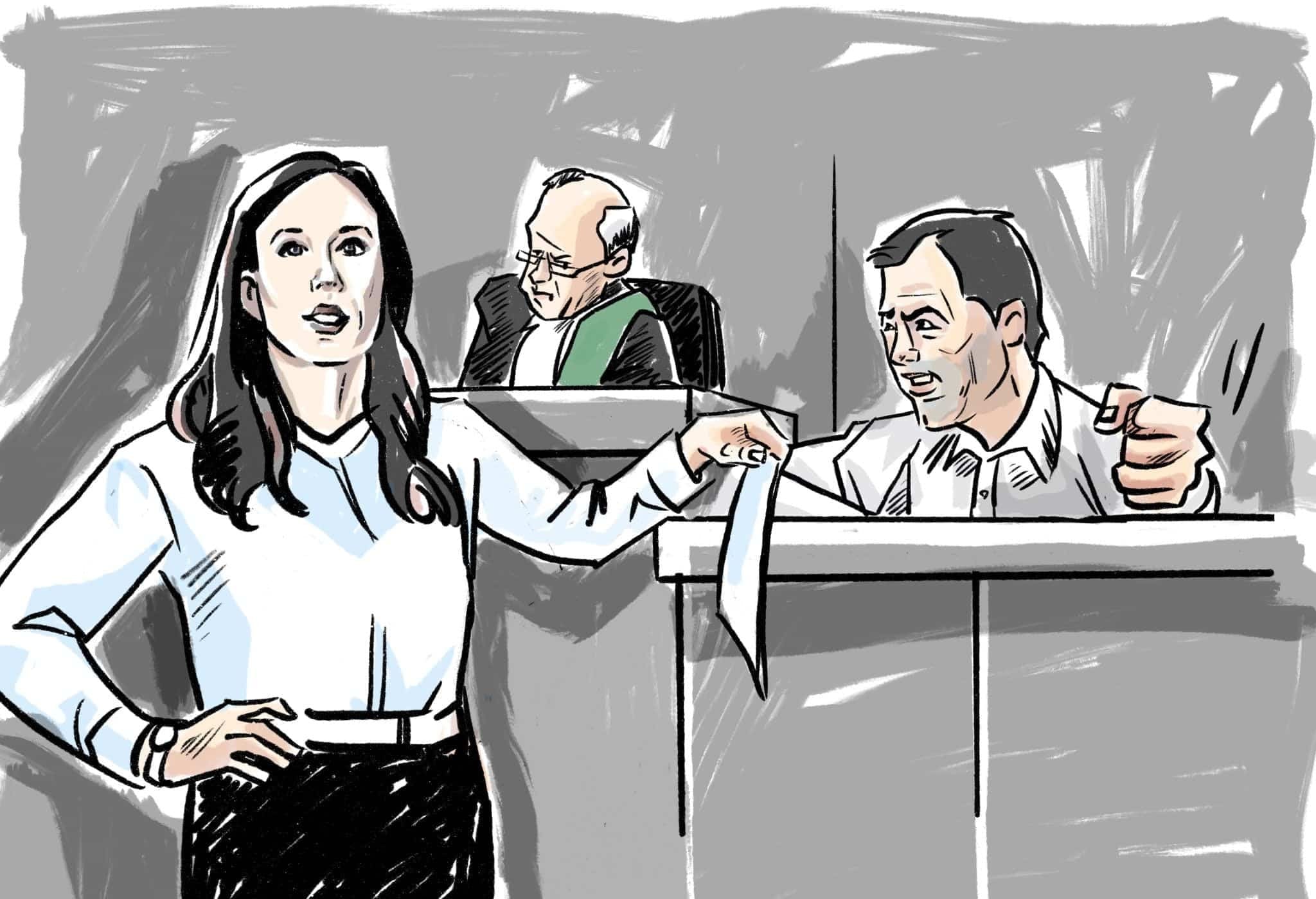 Courtroom sketch of Chloe Boubalos of Daniel Brown Law cross-examining a witness before a judge