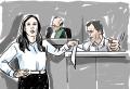 Courtroom sketch of Chloe Boubalos of Daniel Brown Law cross-examining a witness before a judge