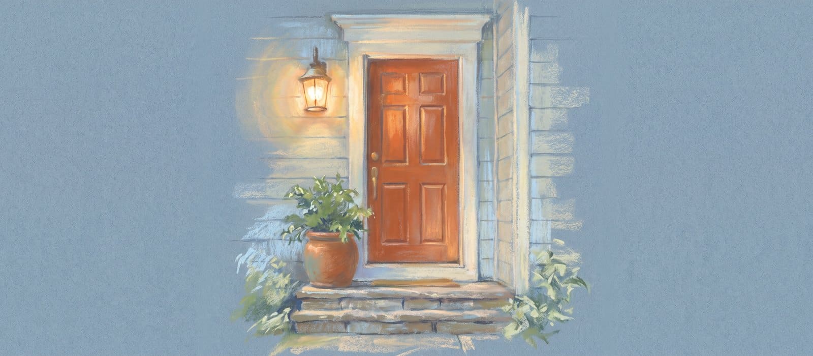 Soft pastel drawing on blue-grey paper of a closed burnt-orange front door with a glowing porch light, stone steps and a potted plant