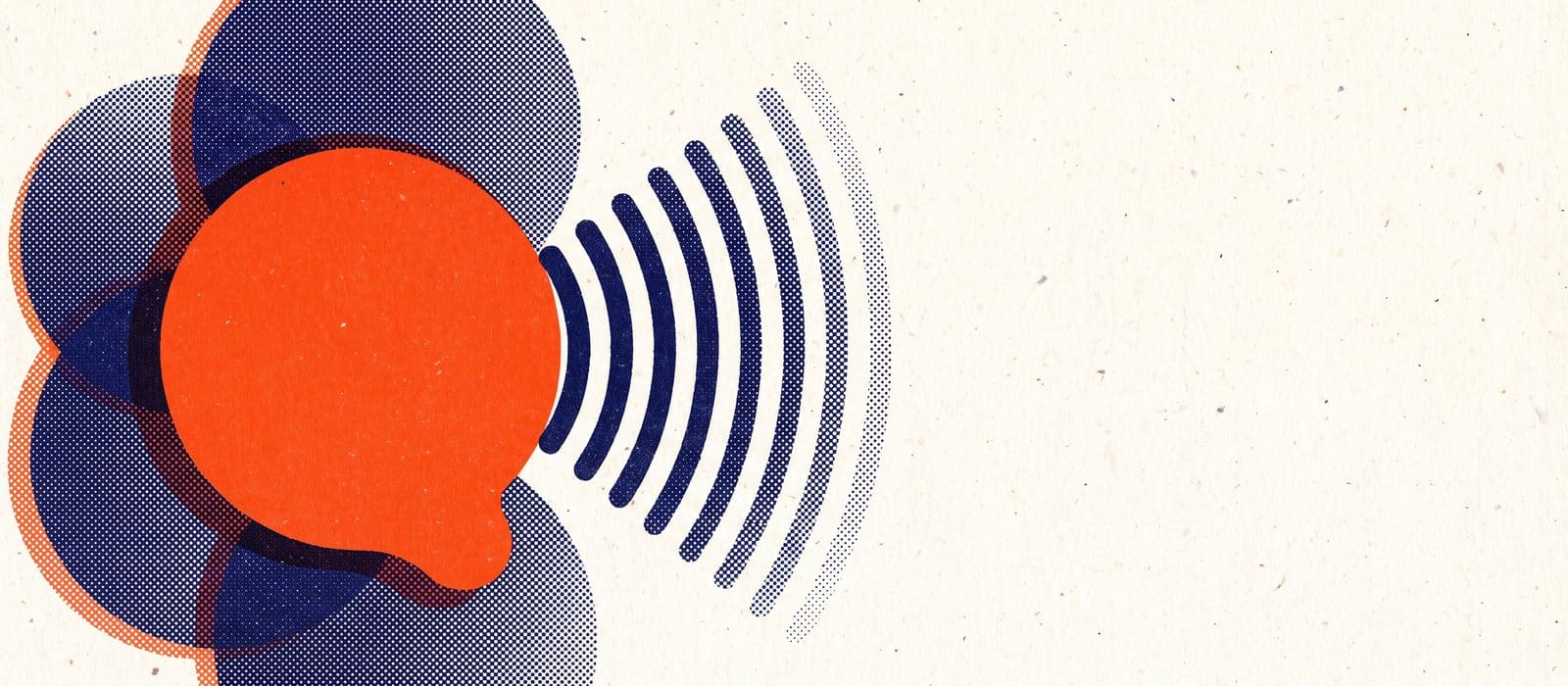 Risograph print of overlapping speech bubbles and sound waves in orange and navy