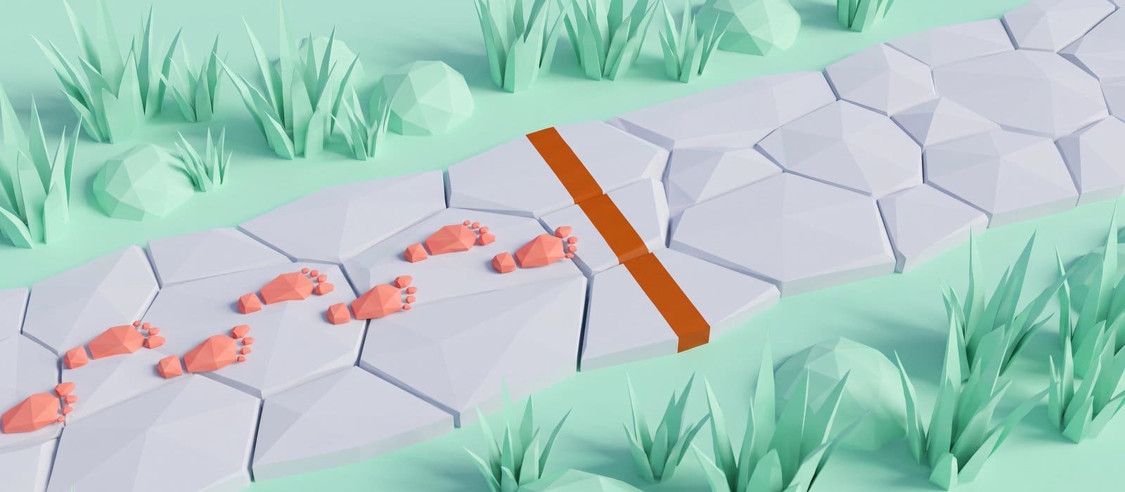 Low-poly 3D render of coral footprints along a pale stone path that stop at a burnt-orange line painted across it
