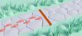 Low-poly 3D render of coral footprints along a pale stone path that stop at a burnt-orange line painted across it