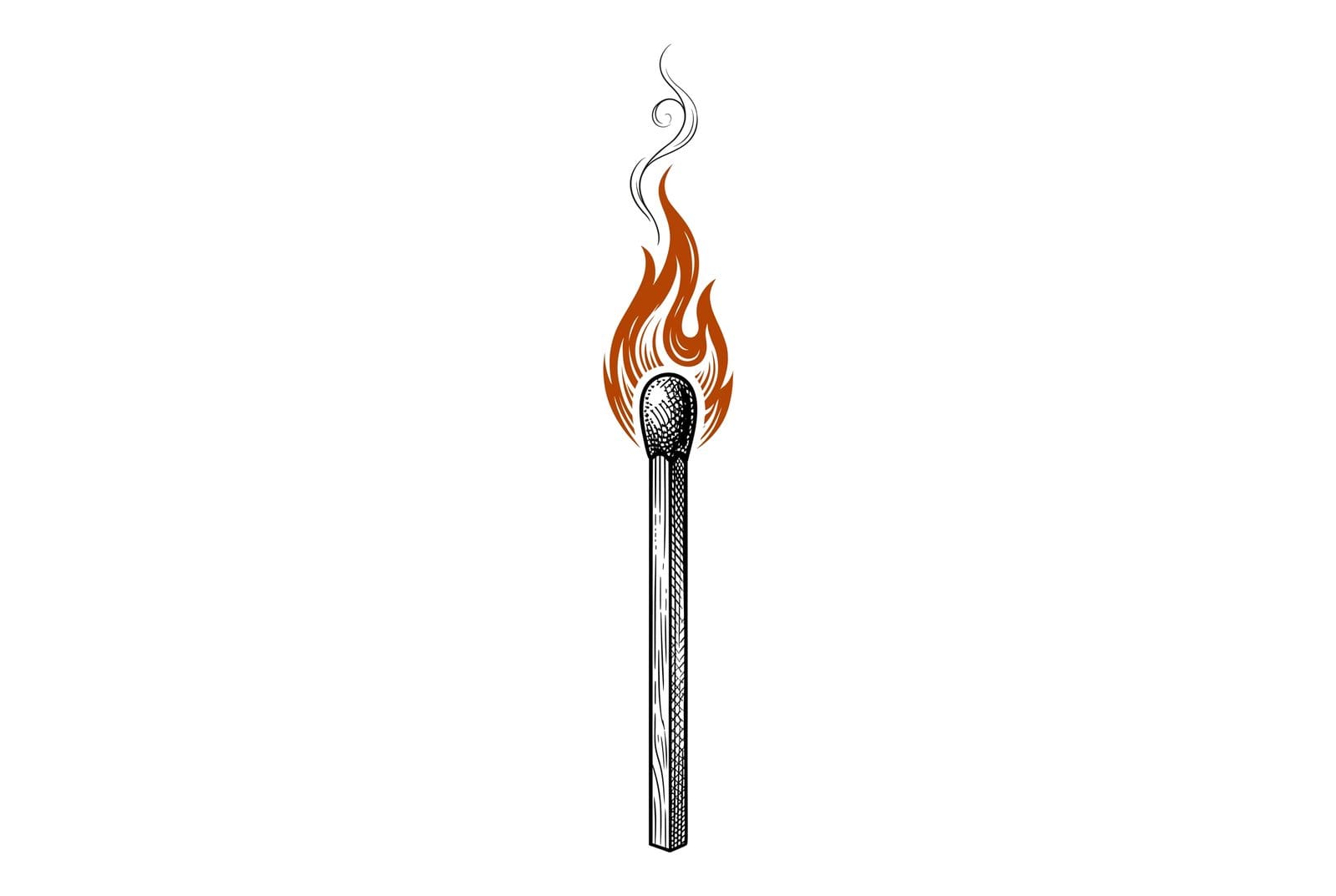 Etching of a single wooden match, freshly struck, with a burnt orange flame and a curl of smoke, on white paper