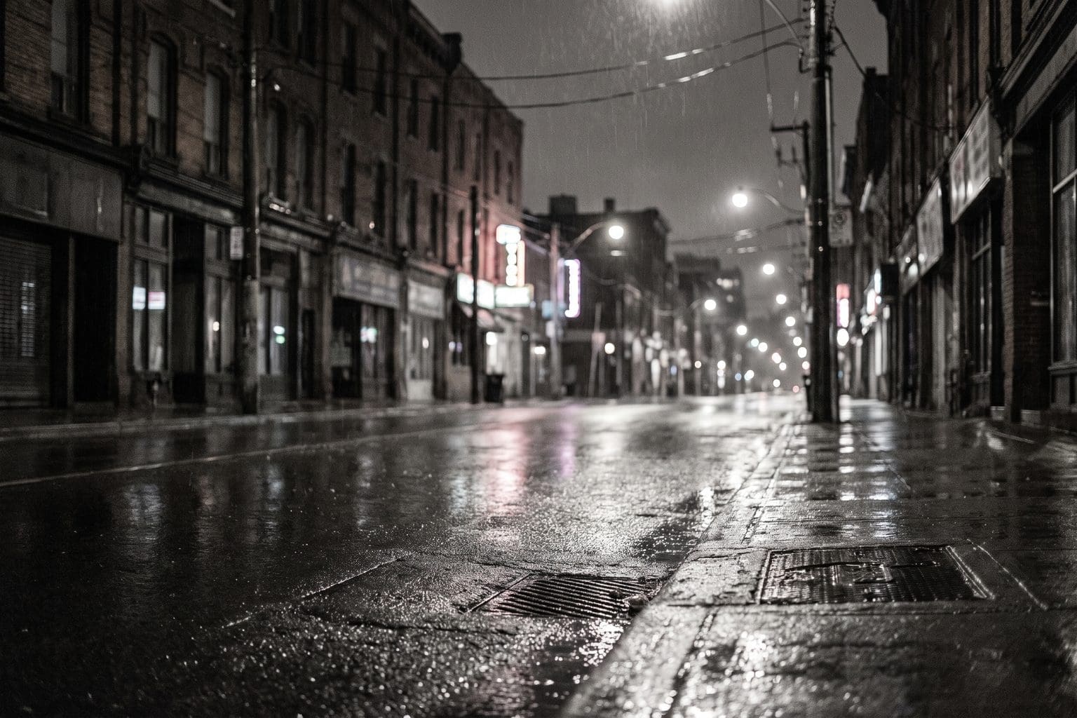 Wide empty downtown side street at night in the rain with light reflecting on wet asphalt