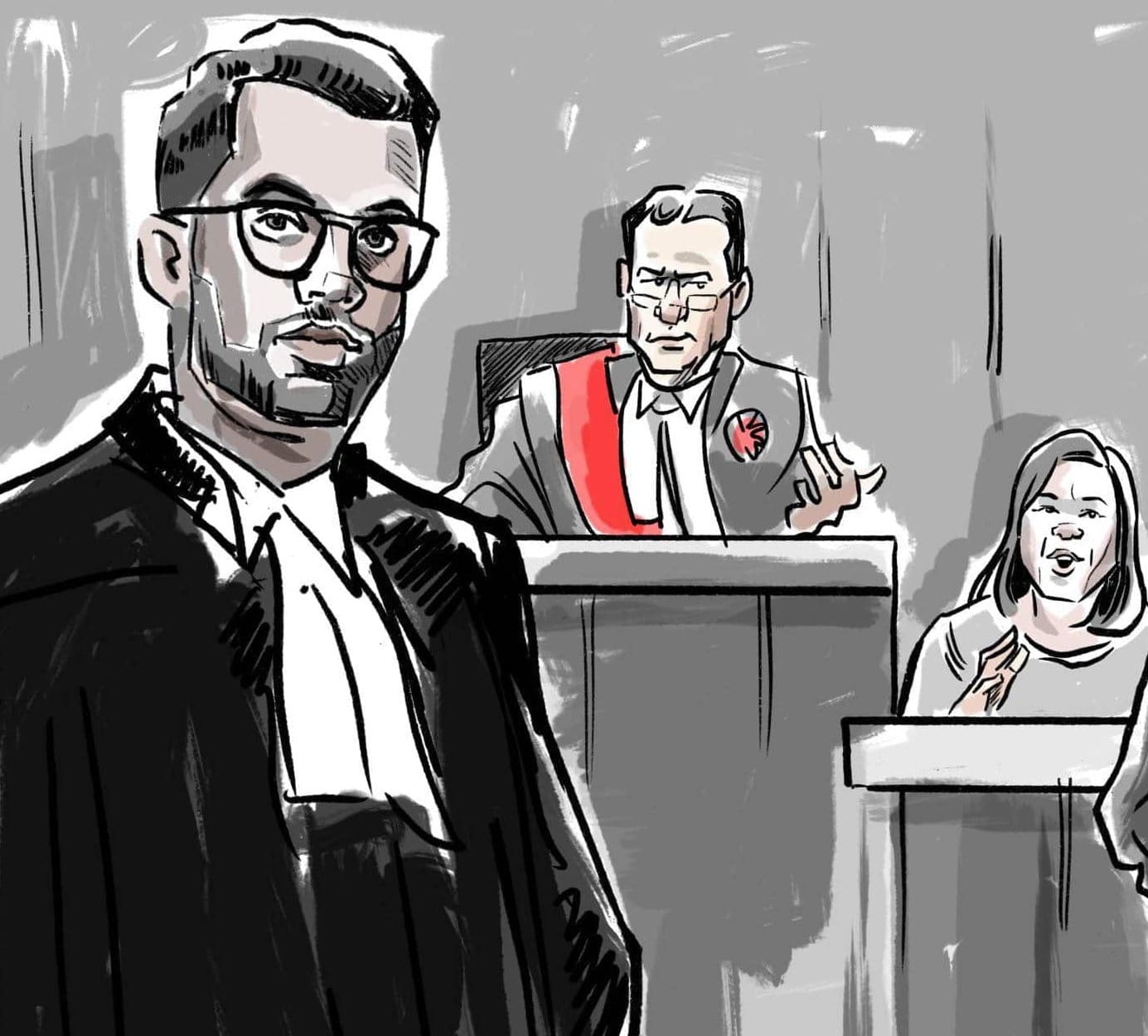 Court sketch of defence counsel Trevin David in robes in a courtroom, with the judge and a witness behind him