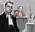 Court sketch of defence counsel Trevin David in robes in a courtroom, with the judge and a witness behind him