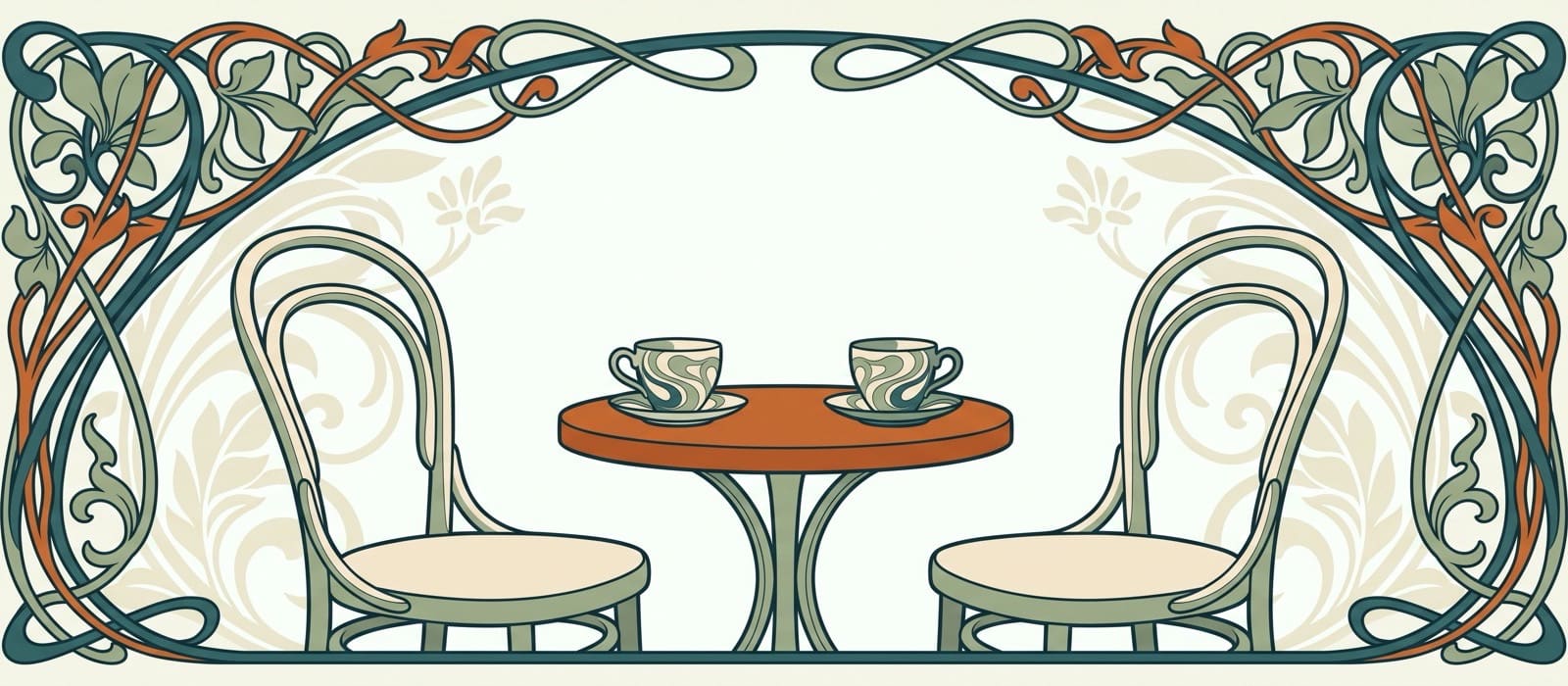 Art Nouveau lithograph-style illustration of two bentwood chairs facing each other across a small burnt-orange café table with two teacups, under an arch of vines