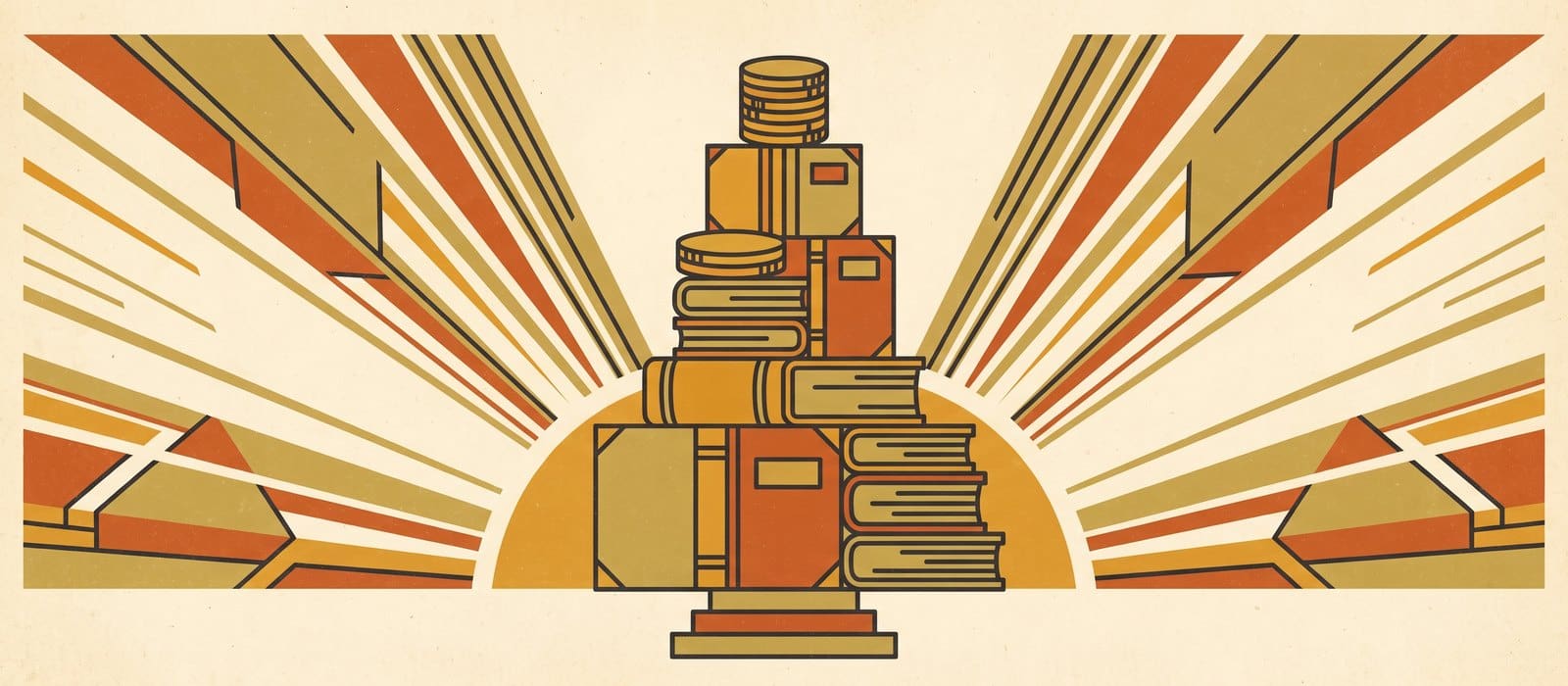 Art Deco poster of a stepped tower of ledger books and gold coins rising against a sunburst