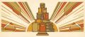 Art Deco poster of a stepped tower of ledger books and gold coins rising against a sunburst