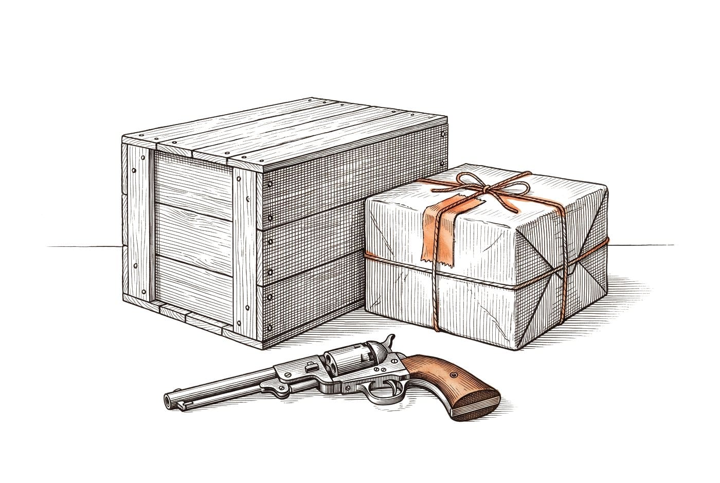 Etching of a wooden shipping crate and a parcel tied with string, with an unloaded revolver lying in front of them, on white paper