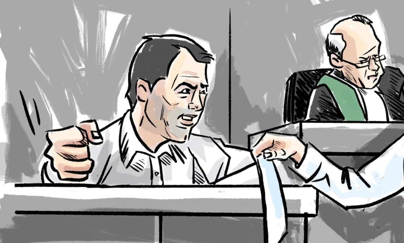 Court sketch of a witness in the witness box being handed a document by counsel while the judge looks on