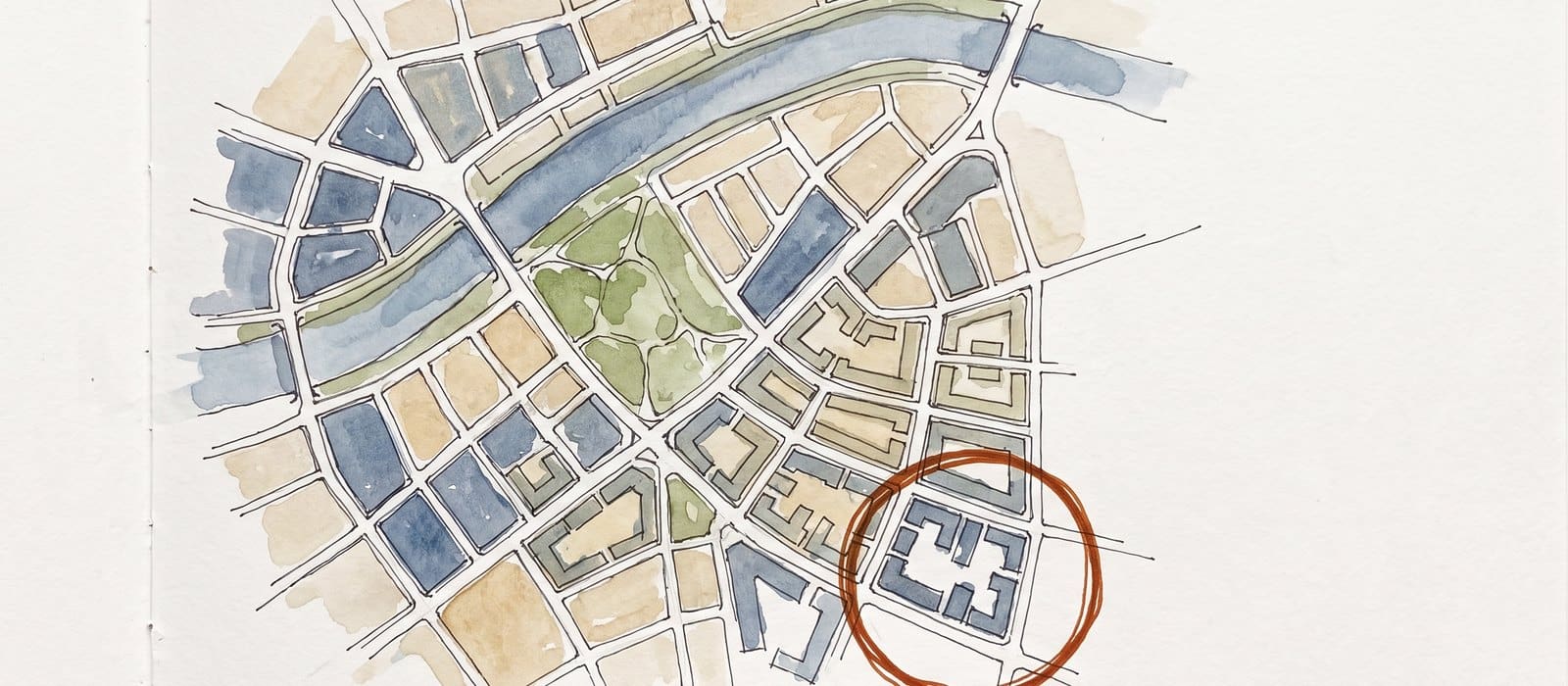 Urban sketch in pen and watercolour of a neighbourhood street map with one area ringed by a freehand orange circle