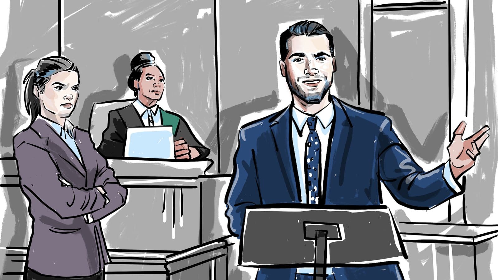 Court sketch of defence counsel making submissions at the lectern while Crown counsel and the judge look on
