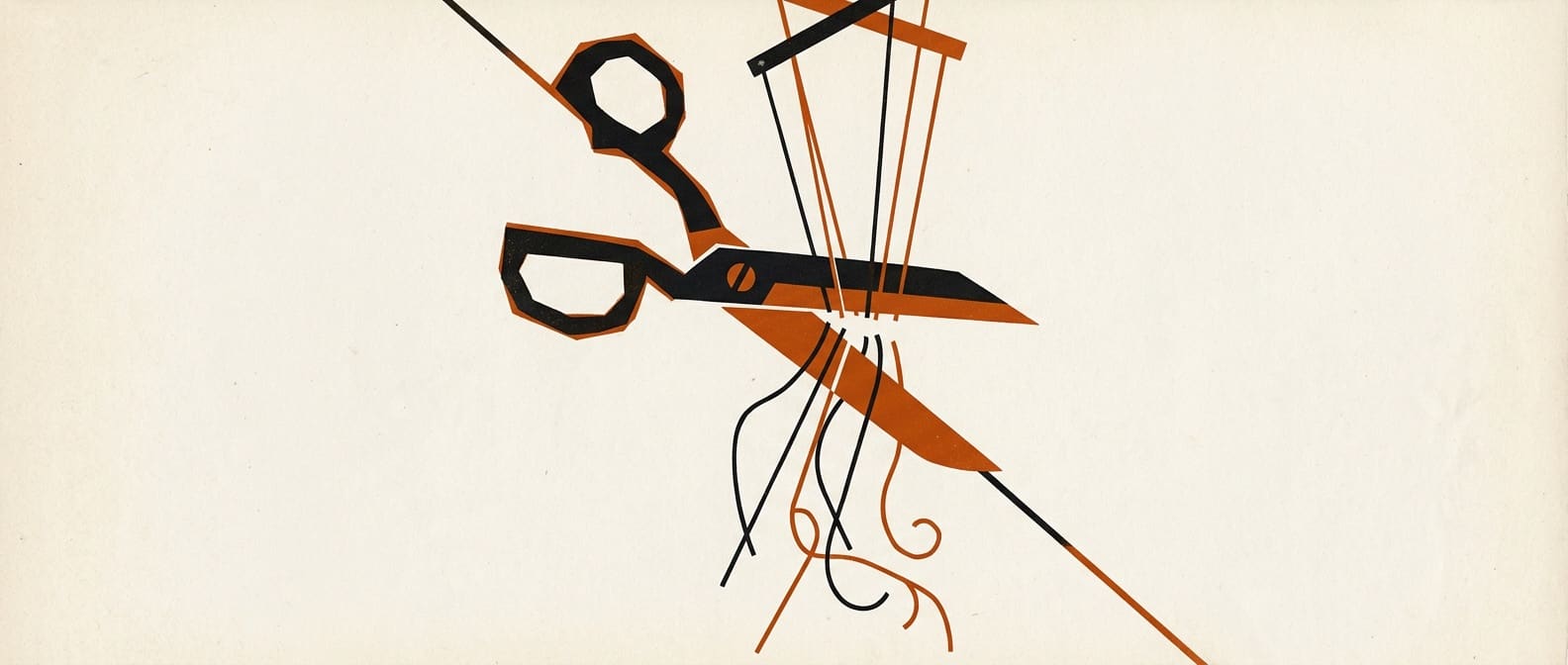 Constructivist print of scissors cutting through marionette strings, in black and burnt orange on off-white paper