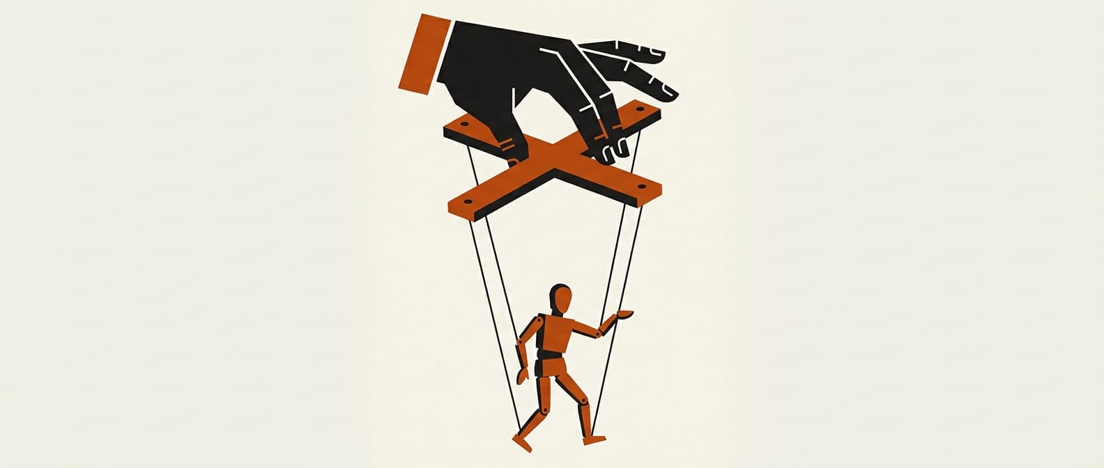 Constructivist print of a large hand working a marionette, in black and burnt orange on off-white paper