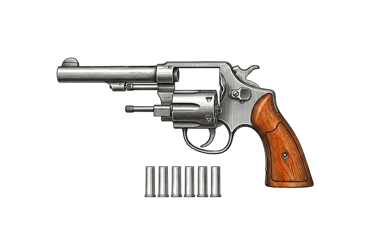 Etching of an unloaded revolver in profile with its cylinder swung open, six cartridges in a row below it, on white paper