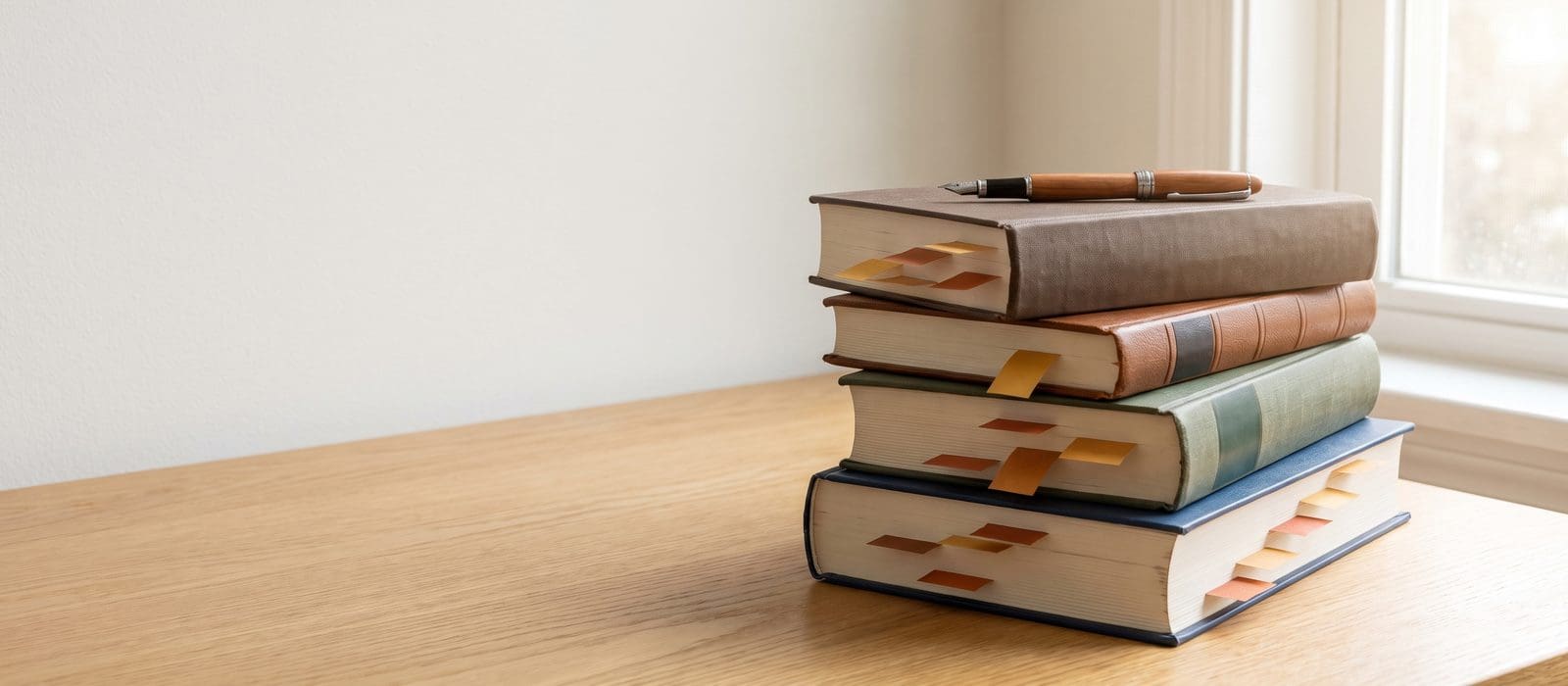 A stack of legal textbooks flagged with coloured tabs, representing expertise in sexual offence law