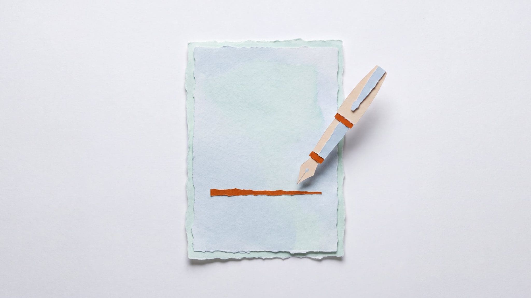 Torn-paper collage of a pen held just above an unsigned burnt-orange signature line on a blank sheet