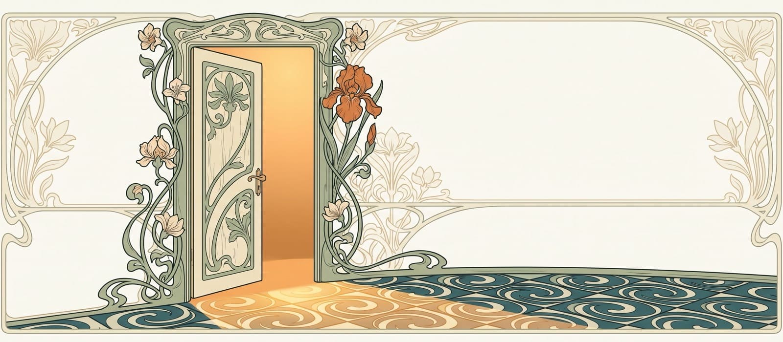 Art Nouveau lithograph-style illustration of an open door in a vine-covered doorway, warm light spilling onto a tiled floor, with one burnt-orange iris