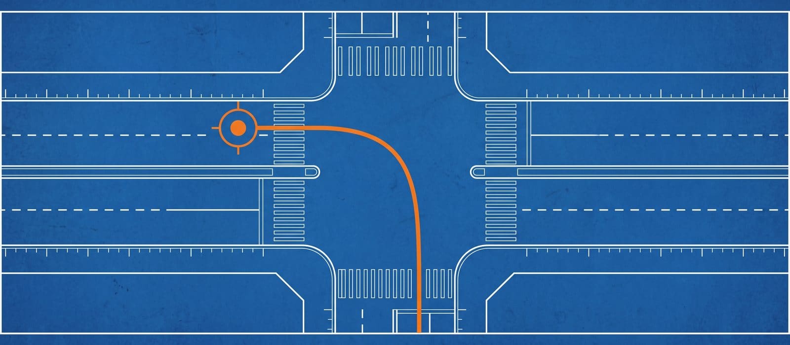 Blueprint drawing of a road intersection with one route traced in orange to the point where it stops